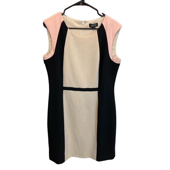 Tahari Arthur S. Levine Colorblock Pink & Black Midi Length Sleevess Dress 14 - Picture 1 of 10